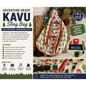 KAVU Rope Bag Sling Backpack Camping Print Canvas Crossbody Tan Red Green